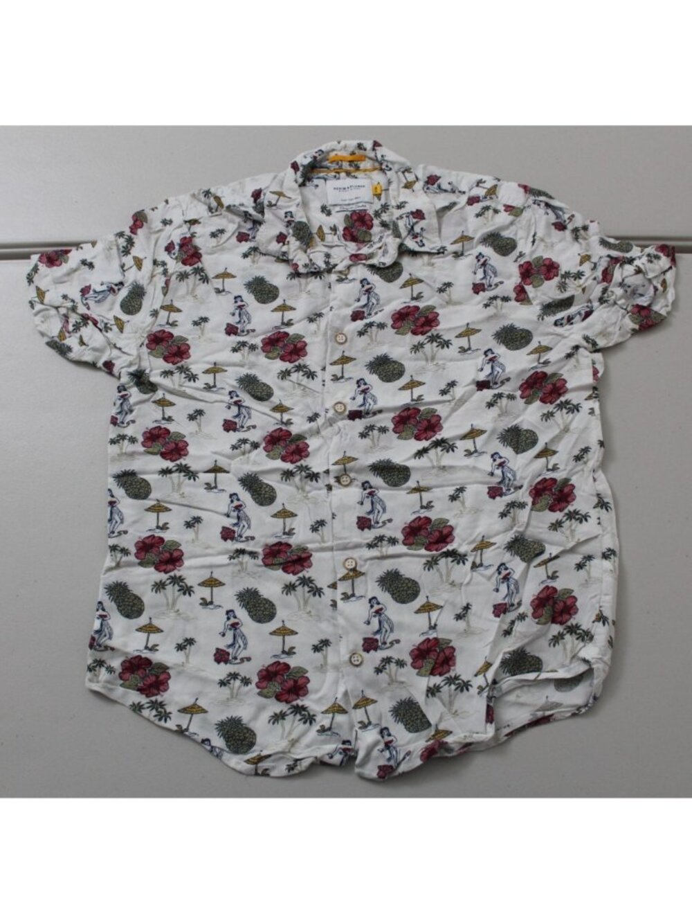 Denim & Flower Mens Small White Hula Girl Pineapple Hawaiian Camp Shirt